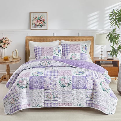 Joyreap 2 Pieces Floral Quilt Set Twin, Patchwork Purple n Pink Flowers Design, Smooth Soft Microfiber Quilt, Bedspread Bed Cover for All Season, 1 Quilt and 1 Pillow Sham- 68x86 inches