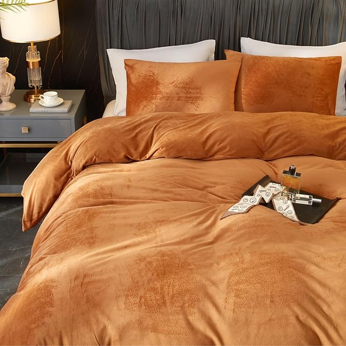 Ivellow Velvet Duvet Cover King Set Burnt Orange Velvet Duvet Cover King Comforter Cover 3Pcs Ultra Soft Duvet Cover Breathable Solid Luxury Flannel Velour Duvet Cover Zipper Closure Corner Tie