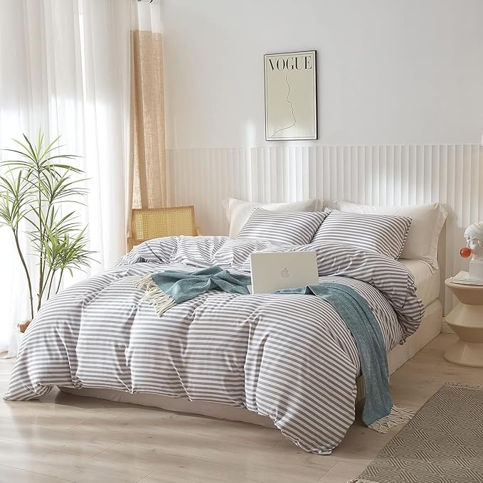 LifeTB Queen Comforter Set Grey White Stripes Comforter 3 Pieces Fluffy Soft Lightweight Bedding Comforter for All Season Down Alternative Comforter Boho Farmhouse Bedding Striped Comforter Set