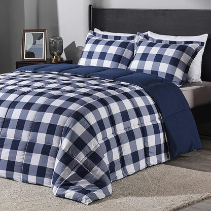 downluxe Lightweight Plaid Comforter Set (Twin) with 1 Pillow Sham - 2-Piece Set - Blue/White Plaid - Down Alternative Reversible Comforter