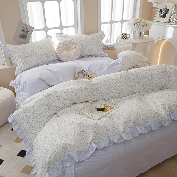 Blue Floral Comforter Full Size Ruffle Lightweight Bedding Set Boho Fluffy Cute Down Alternative Bedding Comforter Set Cozy Farmhouse Microfiber Blue Striped Comforter with 2 Pillowcases