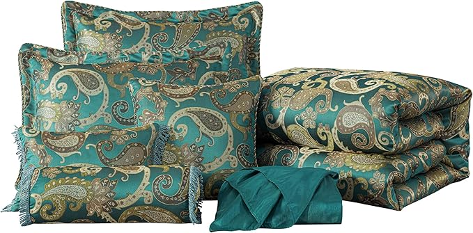 Chezmoi Collection Adelle 7-Piece Paisley Jacquard Embroidered Comforter Bedding Set, Queen, Teal