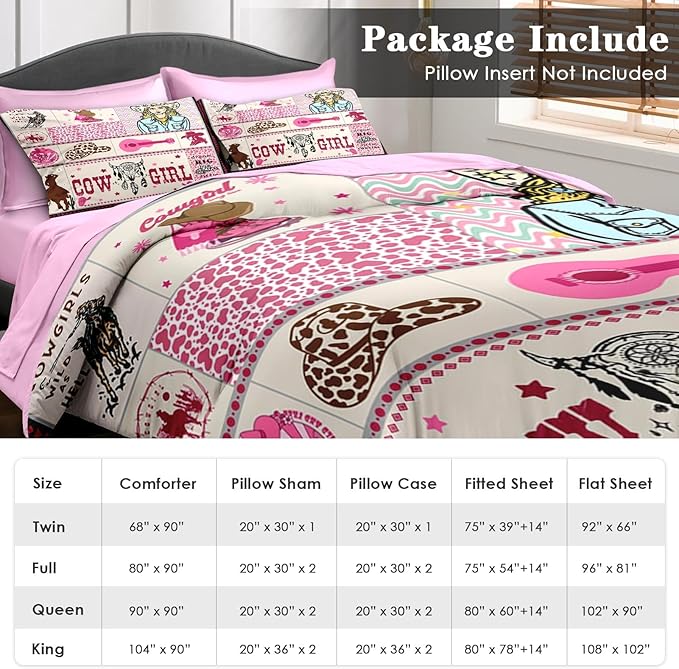 Comforter Set Queen Size, Cowgirl Western Country 7 Pcs Bedding for Kids and Adults, Cowboy Rustic Retro Bed Sheet Sets with Fitted Sheet 2 Pillowcases & 2 Shams for Bedroom Bed Decor