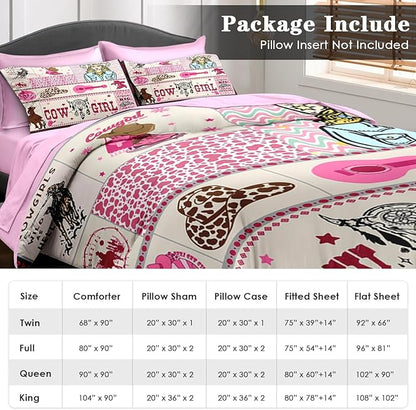 Comforter Set Full Size, Cowgirl Western Country 7 Pcs Retro Bedding for Kids and Adults, Cowboy Rustic Pink Bed Sheet Sets with Fitted Sheet 2 Pillowcases & 2 Shams for Bedroom Bed Decor