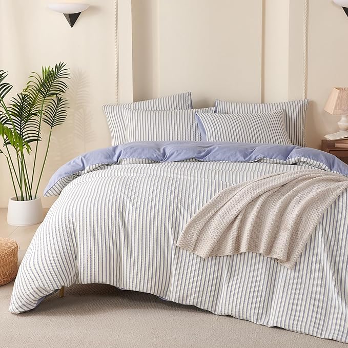 Comforter Set King Size Blue Striped Soft Luxury Washed Microfiber Jacquard 3 Pieces Bedding, White Blue Vertical Ticking Stripes Pattern Comforter with 2 Pillowcases Breathable Durable Comfy