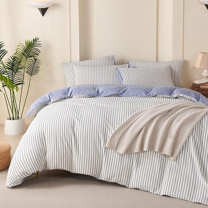 Comforter Set King Size Blue Striped Soft Luxury Washed Microfiber Jacquard 3 Pieces Bedding, White Blue Vertical Ticking Stripes Pattern Comforter with 2 Pillowcases Breathable Durable Comfy