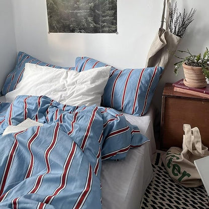 mixinni Vintage Blue & Red Striped Comforter Set Twin XL Size - Soft Cotton 3-Piece Bedding Set (1 Comforter + 2 Pillowcases), Retro Geometric Stripes Pattern, All-Season Lightweight & Breathable
