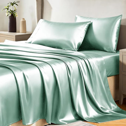 CozyLux Satin Sheets Full Size Sheets - 4 Piece Silky Full Size Bed Sheets, Luxury Aqua Full Bed Set with Smooth and Soft Microfiber, Includes 1 Fitted Sheet, 1 Flat Sheet and 2 Pillowcases
