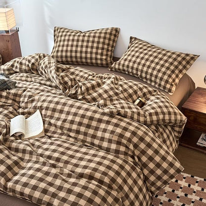 EAVD Vintage Style Brown&Beige Plaid Duvet Cover Set King Soft 100% Washed Cotton Like Linen Feel 3-Piece Checkered Gingham Duvet Cover with 2 Pillowcases Retro Buffalo Plaid Bedding Set with Zipper