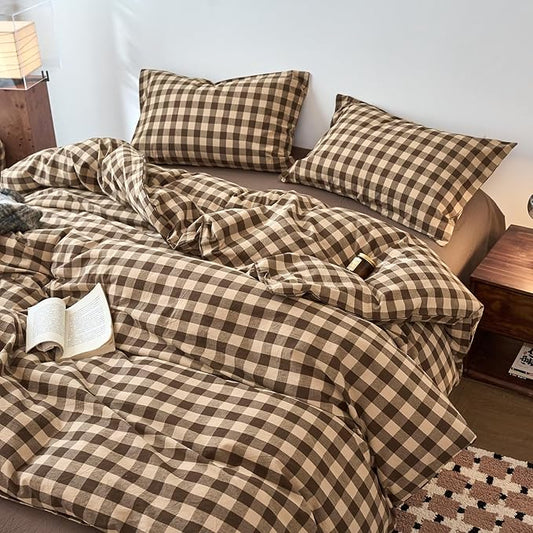 EAVD Vintage Style Brown&Beige Plaid Duvet Cover Set Twin Soft 100% Washed Cotton Like Linen Feel 3-Piece Checkered Gingham Duvet Cover with 2 Pillowcases Retro Buffalo Plaid Bedding Set with Zipper