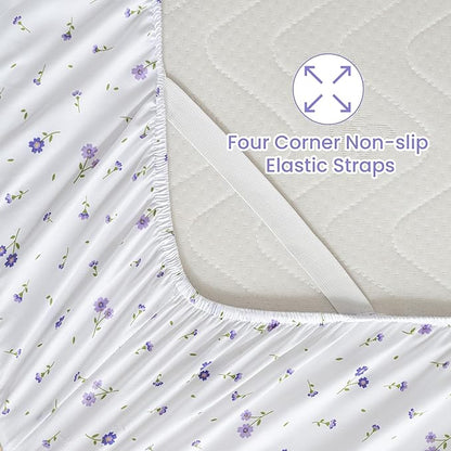 Softan Purple Floral King Bed Sheet Set, Cozy Microfiber Patterned Fitted Sheets with 15" Deep Pocket & Non-Slip Straps, Cute Purple Flower Printed Sheets & Pillowcase Set King