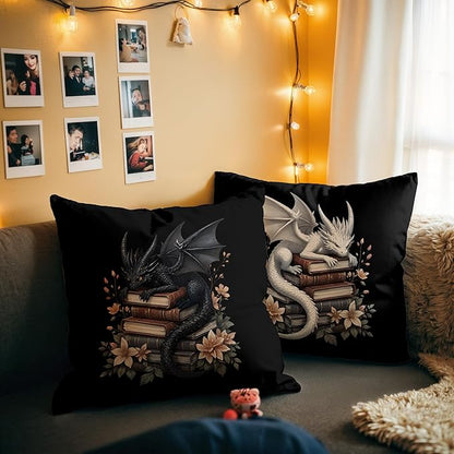 Vintage Magical Black White Dragon Reading Book Decor Throw Pillow Covers 18x18 Set of 2, Fantasy Room Decor for Kids, Gamers, and Bookworms,Reading Nook Decor, Gifts for Bookworm Readers(78)