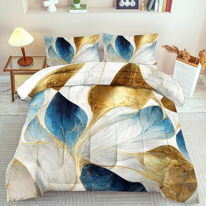 Vintage Floral Comforter Set Full Size Women,Marble Flower Bedding Set Full,Marble Blue Flower Bed Comforter,Blue and Gold Floral Quilt Bedroom Decor for Kids and Adults
