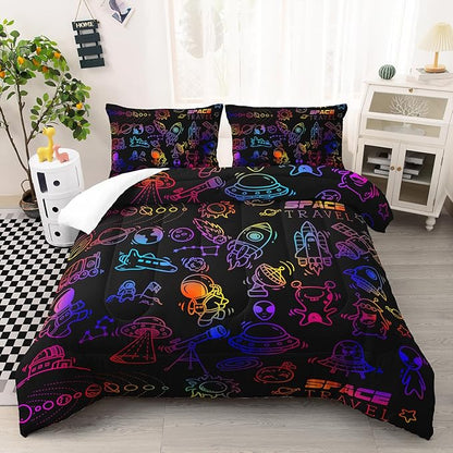 Cartoon Space Comforter Set for Kids Boys Girls,3 Pieces Outer Space Bedding Full Size,Rocket Planet Spaceship Travel Toddler Bedding Set for Teen Boy Room Decor with 1 Comforter 2 Pillowcase