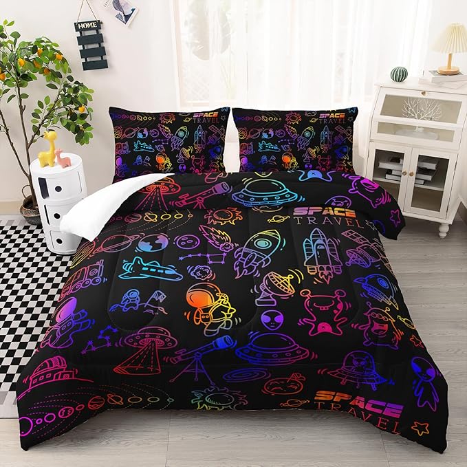 Cartoon Space Comforter Set for Kids Boys Girls,3 Pieces Outer Space Bedding Twin Size,Rocket Planet Spaceship Travel Toddler Bedding Set for Teen Boy Room Decor with 1 Comforter 2 Pillowcase
