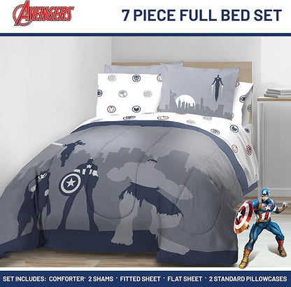 Jay Franco Marvel Avengers Full Size Comforter Set - 7 Piece Bedding Includes Sheet Set & Pillow Covers - Super Soft Cozy Bedding with Captain America, Hulk, Iron Man and Thor