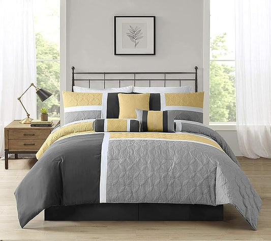 Chezmoi Collection Upland 7-Piece Quilted Patchwork Comforter Set, Yellow/Charcoal/Gray, Full
