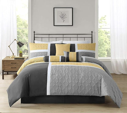 Chezmoi Collection Upland 7-Piece Quilted Patchwork Comforter Set, Yellow/Charcoal/Gray, King