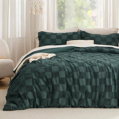 Bedsure Boho Kids Duvet Cover King Size（Duvet Insert/Comforter not Included - Checkered King Duvet Cover for All Seasons, Soft Shabby Chic Boho Bedding (Green, 104" x 90")