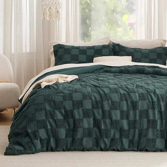 Bedsure Boho Kids Duvet Cover King Size（Duvet Insert/Comforter not Included - Checkered King Duvet Cover for All Seasons, Soft Shabby Chic Boho Bedding (Green, 104" x 90")