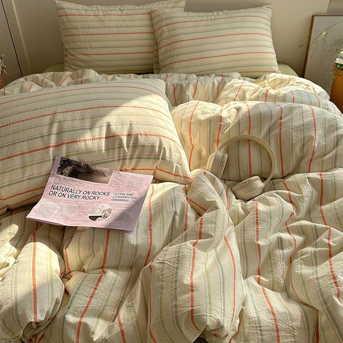 EAVD Vintage Colorful Striped Comforter Set Full Soft Cotton 3-Piece Retro Vertical Striped Bedding Set with 2 Pillowcases Boho Geometric Comforter Set for All-Season(Orange&Yellow&Green, Full)