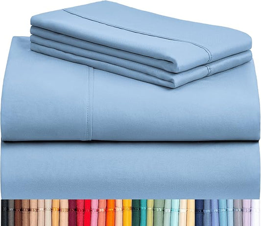 LuxClub 4 PC Queen Sheet Set, Breathable Luxury Bed Sheets, Deep Pockets 18" Wrinkle Free Cooling Sheets Machine Washable Hotel Bedding Silky Soft - Sky Queen