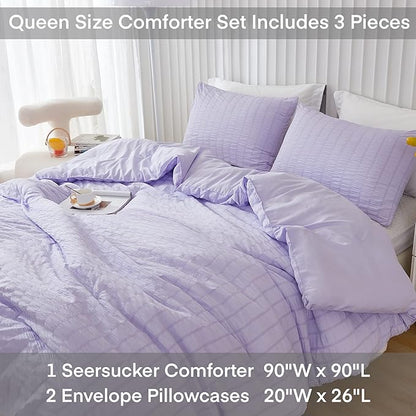 AveLom Lavender Purple Seersucker Queen Comforter Set(90x90 inches),3 Pieces-100% Soft Washed Microfiber Lightweight Comforter with 2 Pillowcases, All Season Down Alternative Comforter Set for Bedding