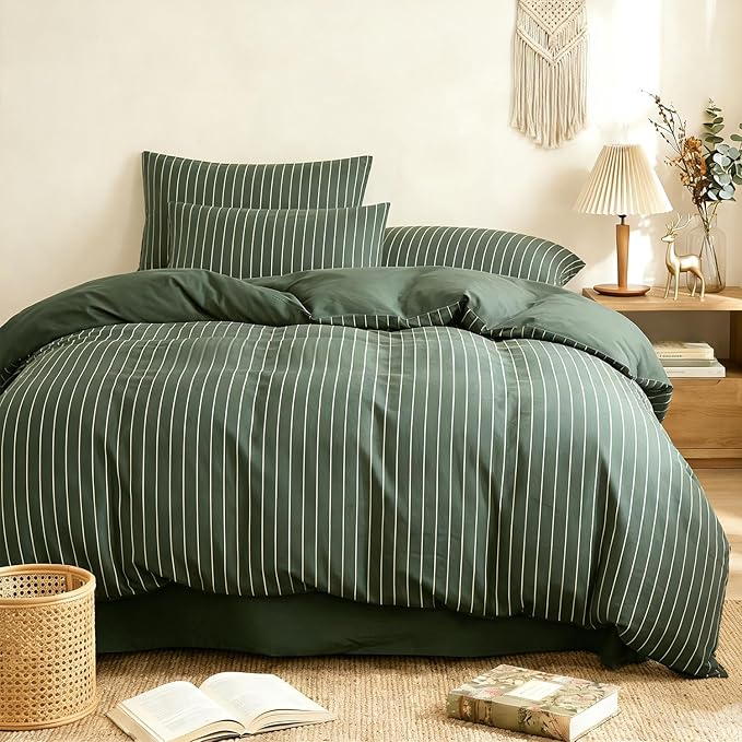 Striped Comforter Set Twin Size - 2 Pieces Green White Striped Comforter Bedding Sets Checkered Pattern,Twin Bed in a Bag with Stripes Comforter and 1 Pillowcase