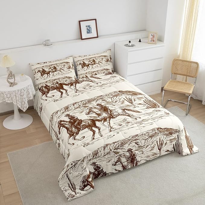 Erosebridal Western Comforter Set King Size Cowboy Bedding Set American Wild West Desert Hand Drawn Illustration Down Comforter Country Theme Bedroom Decor Duvet Set for Boys Men Teens