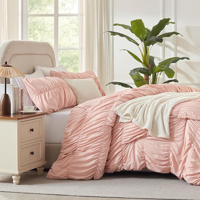 Andency Ruched Blush Pink Queen Comforter Set, Shabby Chic Pleated Bedding Sets 3 Pieces, Lightweight Soft Boho Ruffle Bed Set for Girls, Kids, Women, All Season