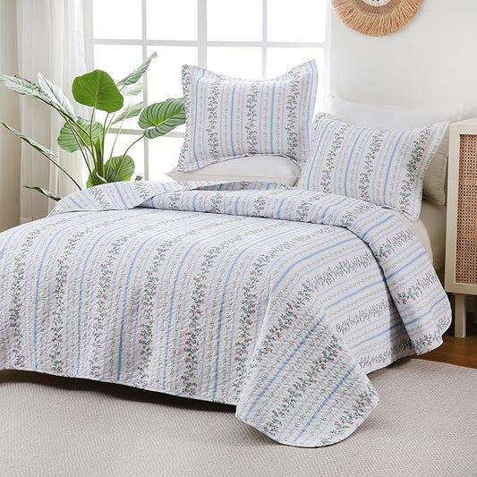 King Size Quilt Bedding Set, Farmhouse Floral Bed Quilts Lightweight Reversible Elegant Bedspreads Coverlets with 2 Pillow Shams (104"×90")