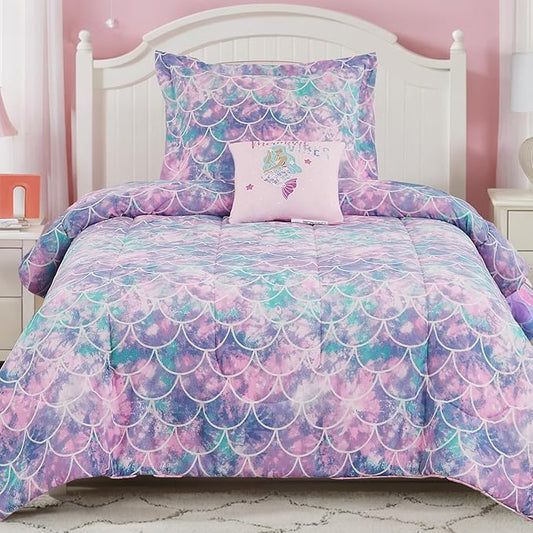 Full Size Comforter Set for Girls-4 Pieces Mermaid Glow in the Dark Full Bedding Sets for Kids, 1 Comforter, 2 Shams and 1 Decor Pillow