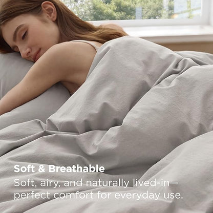 Bedsure 100% Washed Cotton Duvet Cover King - Light Grey Minimalist Bedding Set Linen Like - PureWoven Plain Simple & Soft Comforter Cover for All Seasons (King, 104"x90")