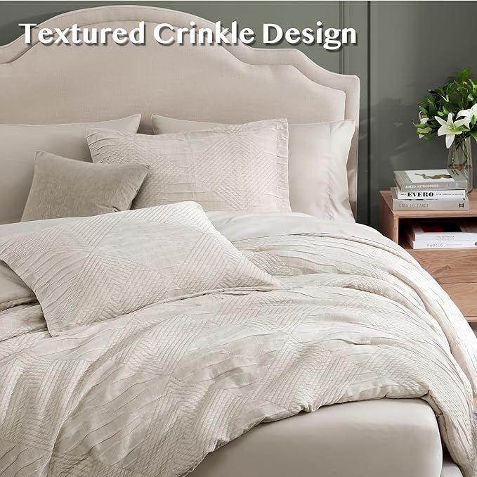 MaiRêve King Comforter Set Beige, Crinkle Textured Design Boho Bedding Set 7 Pieces Bed in A Bag, All Season Geometric Comforter Set with Sheets, Pillowcases & Shams