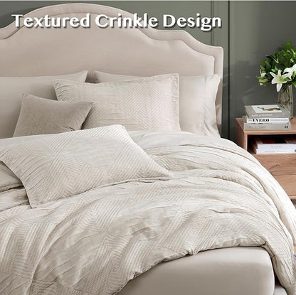 MaiRêve King Comforter Set Beige, Crinkle Textured Design Boho Bedding Set 7 Pieces Bed in A Bag, All Season Geometric Comforter Set with Sheets, Pillowcases & Shams