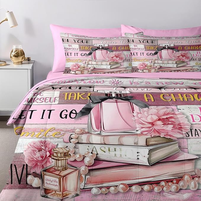Nesker Comforter Set Twin Size, Girly Hot Pink Perfume 5 Pcs Bedding for Kids and Adults, Girls Quotes Motivational Book Bed Sheet Sets with Fitted Sheet Pillowcase & Sham
