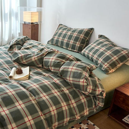 EAVD Vintage Green Buffalo Plaid Comforter Set Queen Soft 100% Washed Cotton Retro Green&Red Grid Checkered Bedding Set with 2 Pillowcases Farmhouse Gingham Comforter Set for All-Season