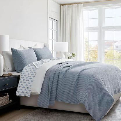 EVERGRACEHOME Cotton Coverlet Set King Size 3 Pieces, Lightweight Soft Ribbed Matelassé Bedspread Quilt Set, Cozy Oversized Quilted Bedding Set with 2 Pillow Shams for All Seasons, Blue Linen