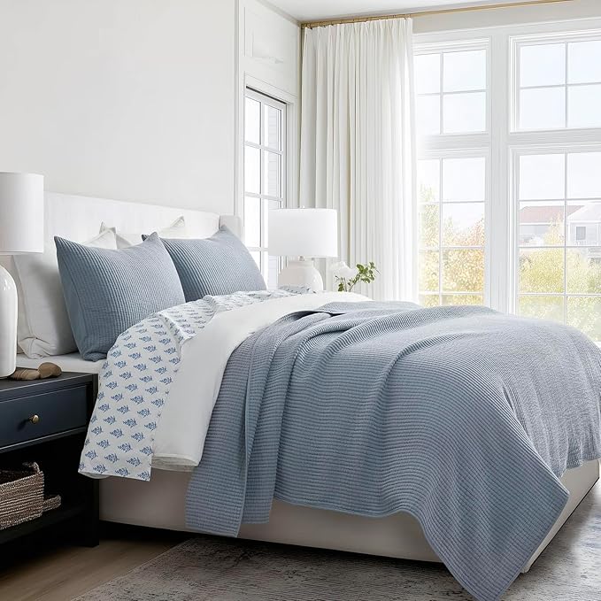 EVERGRACEHOME Cotton Coverlet Set Full Queen Size 3 Pieces, Lightweight Soft Ribbed Matelassé Bedspread Quilt Set, Cozy Oversized Quilted Bedding Set with 2 Pillow Shams for All Seasons, Blue Linen