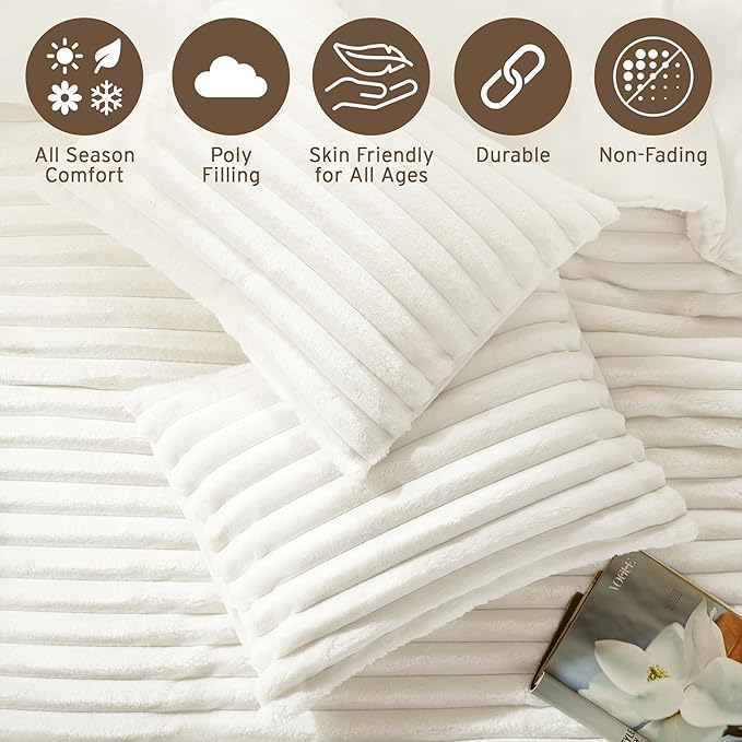 Intelligent Design Queen Comforter Set, Plush Bedding, Microfiber Reverse, 3 Piece, Lightweight, Super Soft Ribbed Velvet Comforter 2 Shams, All Season Fluffy Bed Set, Avril, Full/Queen Ivory