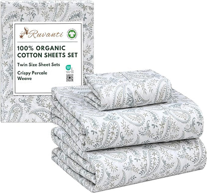 RUVANTI 100% Organic Cotton Sheets Twin Size, Percale Weave, GOTS Certified, 3-Piece Set, Deep Pocket 15", Crisp & Breathable, Soft Durable Bedding, Sábanas Algodón Orgánico – Ornate Oasis