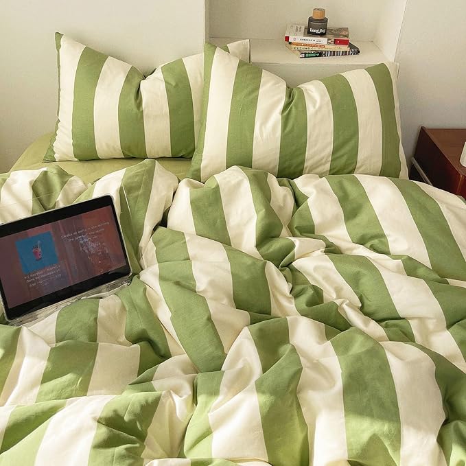 3 Pieces Striped Duvet Cover Set King, 100% Washed Microfber Sage Green and White Stripes Pattern Printed Comforter Cover, Farmhouse Striped Bedding Set Breathable Duvet Cover with Zipper Closure