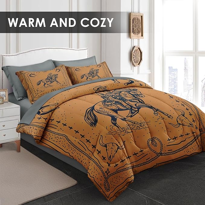 Comforter Set Queen Size, Western Cowboy Retro 7 Pcs Bedding for Kids and Adults, Vintage Horse Animal Bed Sheet Sets with Fitted Sheet 2 Pillowcases & 2 Shams for Bedroom Bed Decor