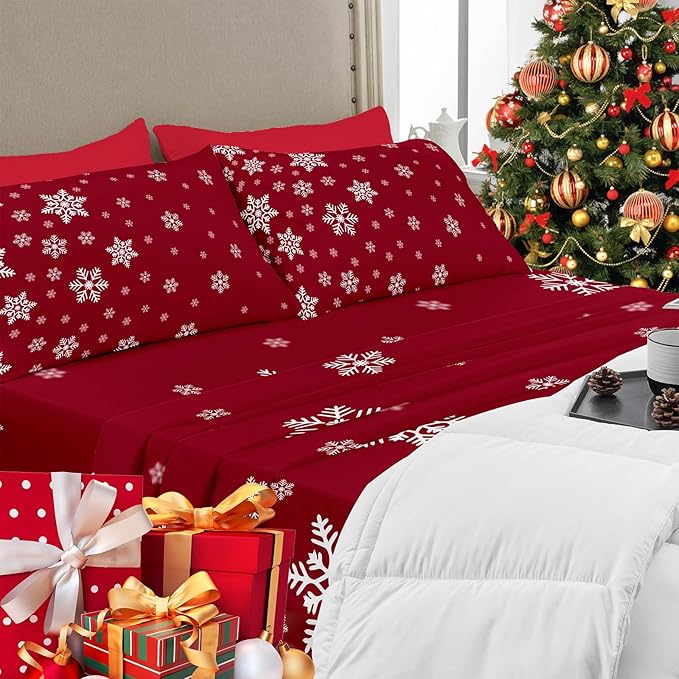 YIYEA Christmas King Size Pillow Cases Set of 4, Ultra Soft Double Brushed Microfiber Red Pillowcases and Christmas Snowflake Pillow Covers, Envelope Closure, Fade Resistant (20"x36")