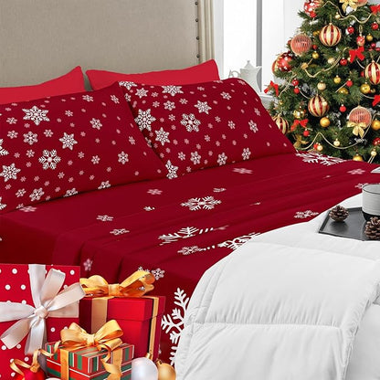 YIYEA Christmas King Size Pillow Cases Set of 4, Ultra Soft Double Brushed Microfiber Red Pillowcases and Christmas Snowflake Pillow Covers, Envelope Closure, Fade Resistant (20"x36")