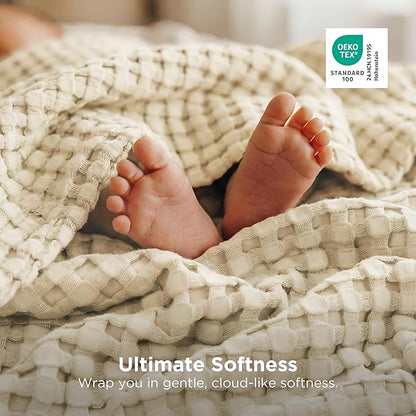 Bedsure Cooling Cotton Waffle Queen Size Blanket - Lightweight Breathable Blanket of Rayon Derived from Bamboo for Hot Sleepers, Natural, 90x90 Inches