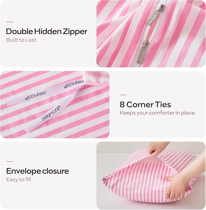 JELLYMONI Full Duvet Cover Set, Cotton Duvet Cover 2 Pieces with Zipper Closure, 1 Duvet Cover and 2 Pillowcases(Pink with White Striped)