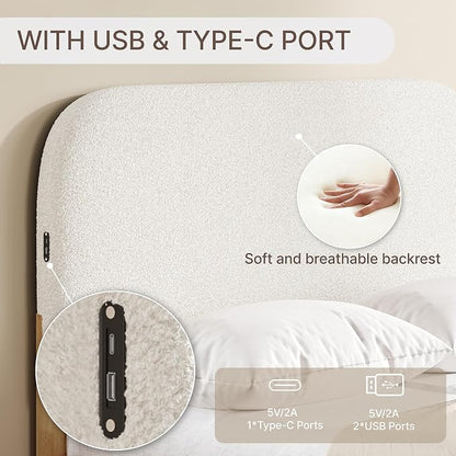 KISLOT Wood Bed Frame with USB & Type-C, Boucle Headboard, Cream, Queen | Platform Bed, Mattress Foundation, No Box Spring Needed, Easy Assembly