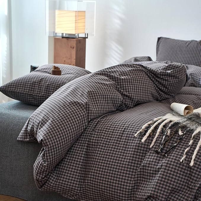 EAVD Vintage Style Dark Grey Plaid Duvet Cover Queen 100% Washed Cotton Like Linen Feel Soft Red Grid Gingham Bedding Set with 2 Pillowcases Reversible Retro Dark Grey Gingham Duvet Cover with Zipper