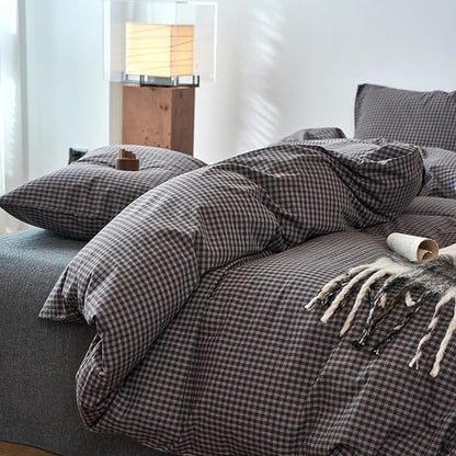 EAVD Vintage Style Dark Grey Plaid Duvet Cover Queen 100% Washed Cotton Like Linen Feel Soft Red Grid Gingham Bedding Set with 2 Pillowcases Reversible Retro Dark Grey Gingham Duvet Cover with Zipper